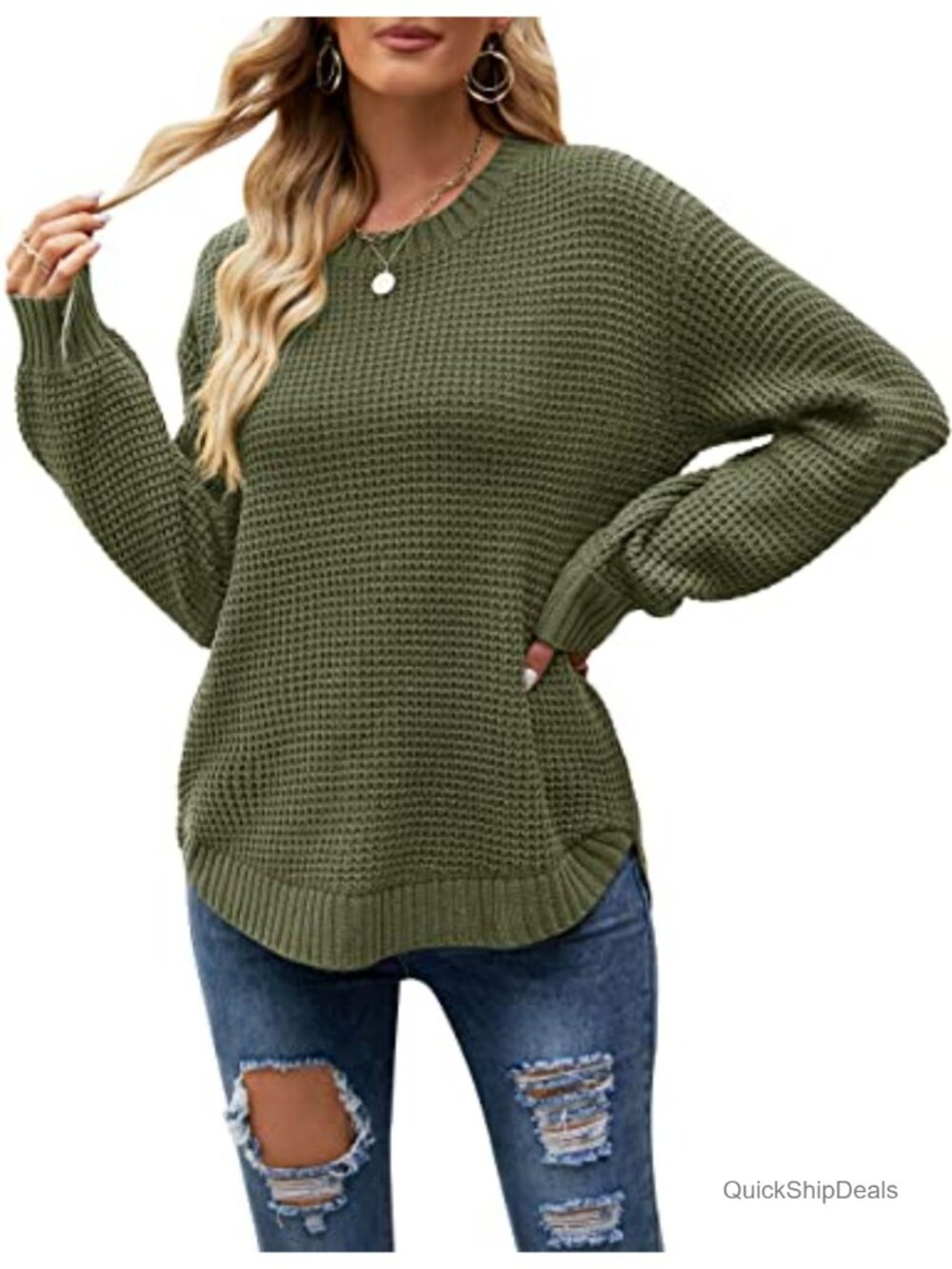 Waffle Knit Oversized Sweater Long Lantern Sleeve Crew Neck Pullover